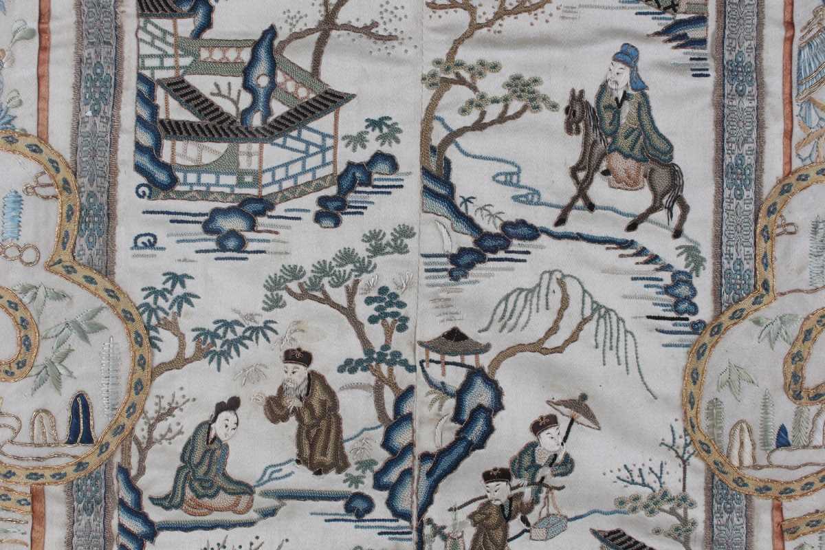 A Chinese embroidered cream silk sleeve panel, late Qing dynasty, each panel stitched together, - Image 10 of 19