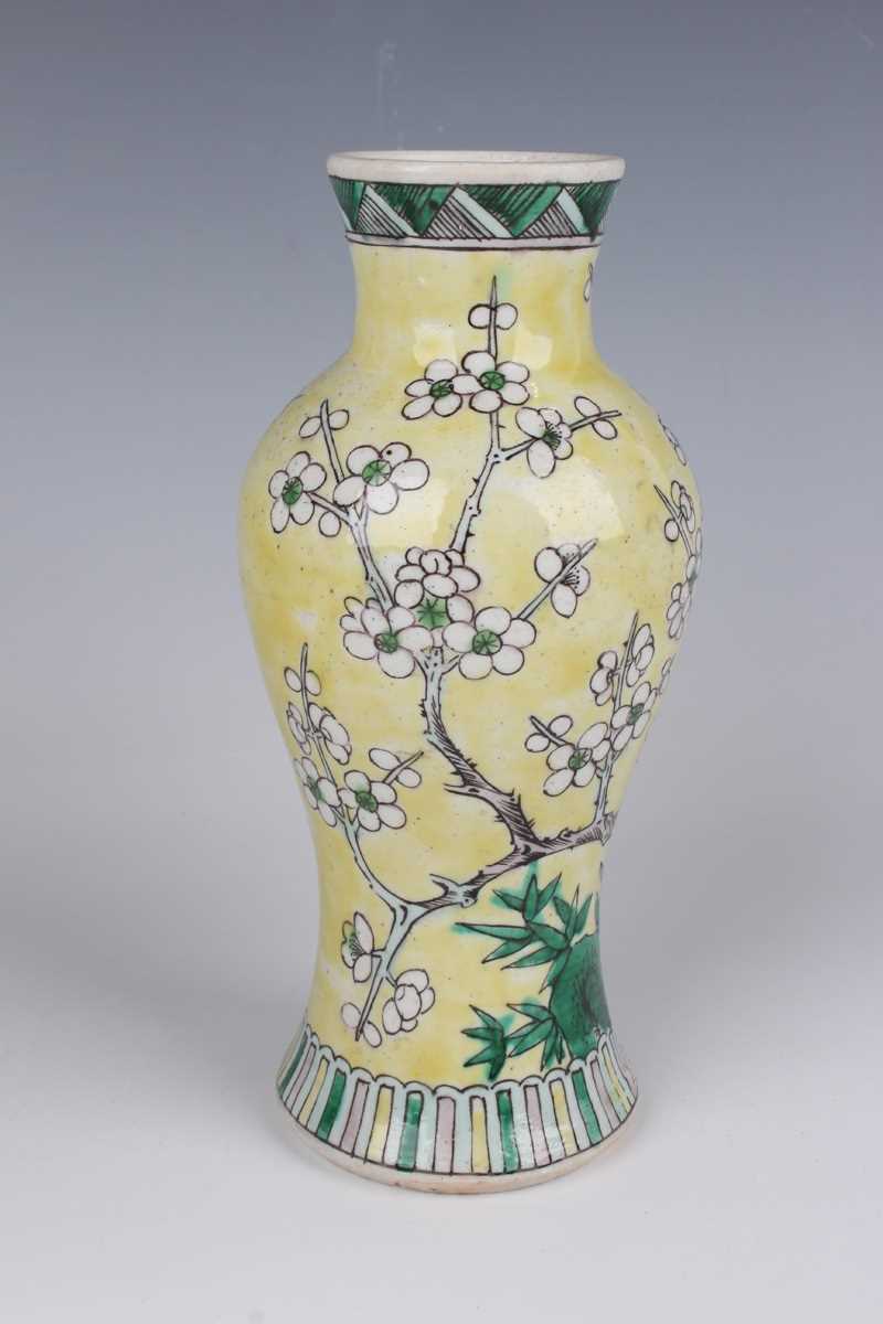 A pair of Chinese yellow ground porcelain vases, late Qing dynasty, of baluster form, decorated with - Image 12 of 33