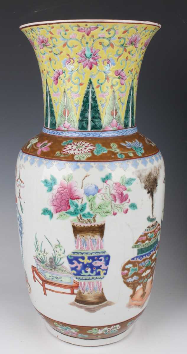 A pair of Chinese famille rose porcelain vases, late 19th century, each swollen cylindrical body - Image 5 of 39