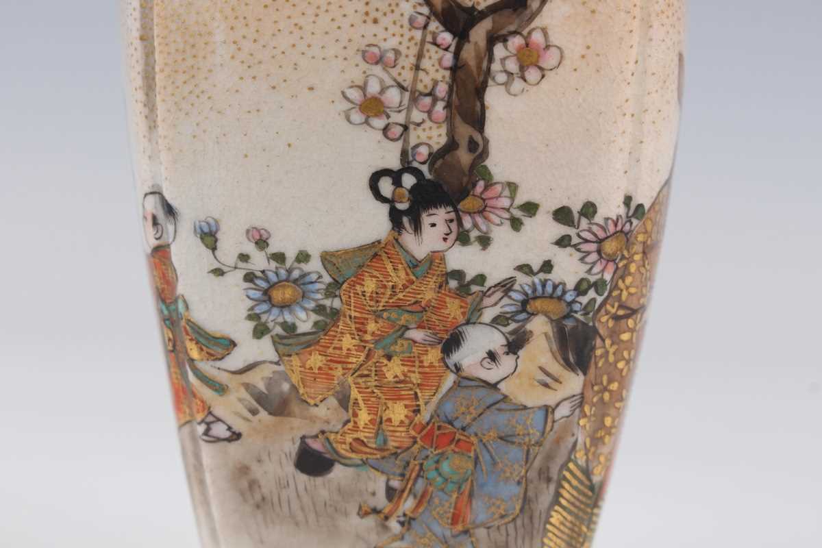 A pair of Japanese Satsuma earthenware vases by Kozan, Meiji period, each of rounded square tapering - Image 8 of 23