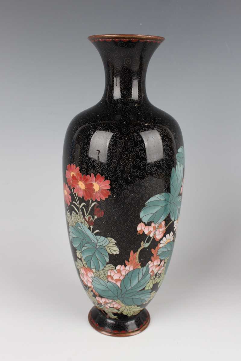 A pair of Japanese cloisonné vases, Meiji period, each elongated ovoid body decorated with flowering - Image 3 of 19