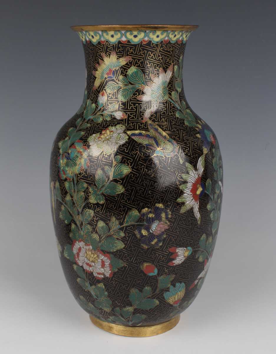 A Chinese cloisonné vase, late Qing dynasty, of swollen cylindrical form with flared neck, decorated - Image 4 of 15