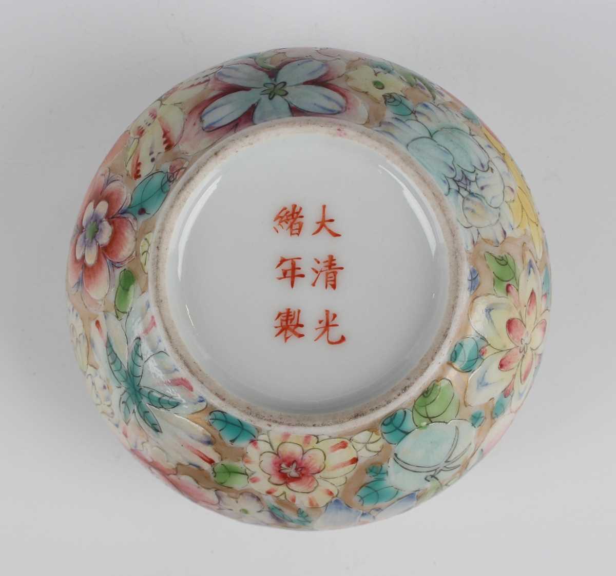 A Chinese famille rose millefleurs porcelain pot, mark of Guangxu but Republic period, of squat - Image 12 of 29