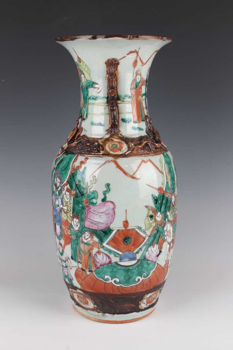 A pair of Chinese famille verte decorated porcelain vases, early 20th century, each ovoid body and - Image 13 of 18