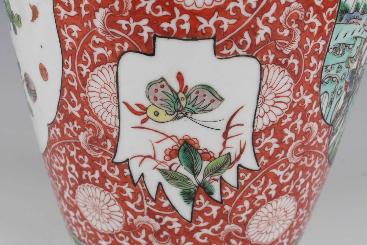 A Chinese famille verte porcelain vase, late Qing dynasty of shouldered tapering form with flared - Image 12 of 16