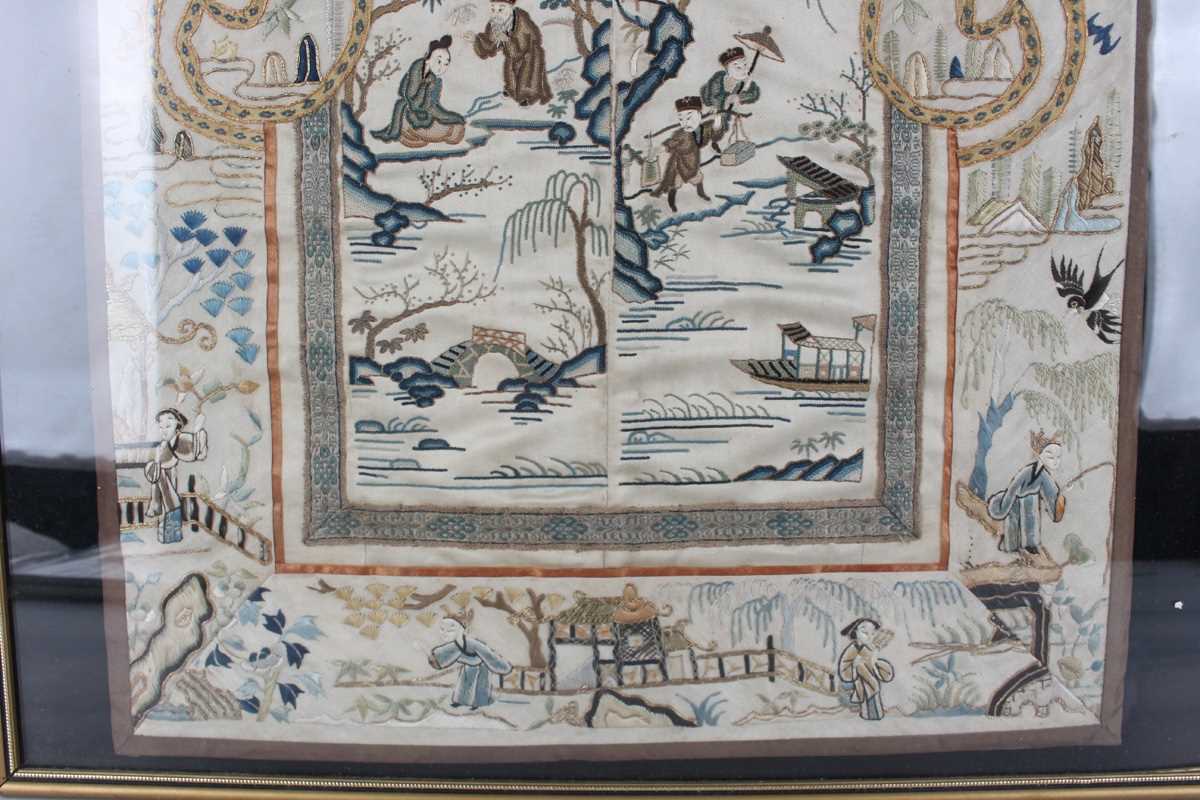 A Chinese embroidered cream silk sleeve panel, late Qing dynasty, each panel stitched together, - Image 6 of 19