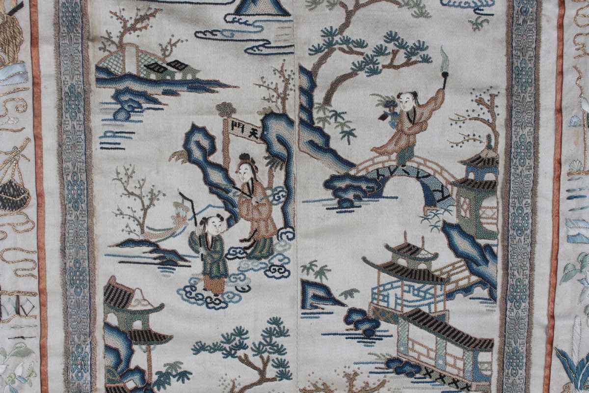 A Chinese embroidered cream silk sleeve panel, late Qing dynasty, each panel stitched together, - Image 8 of 19