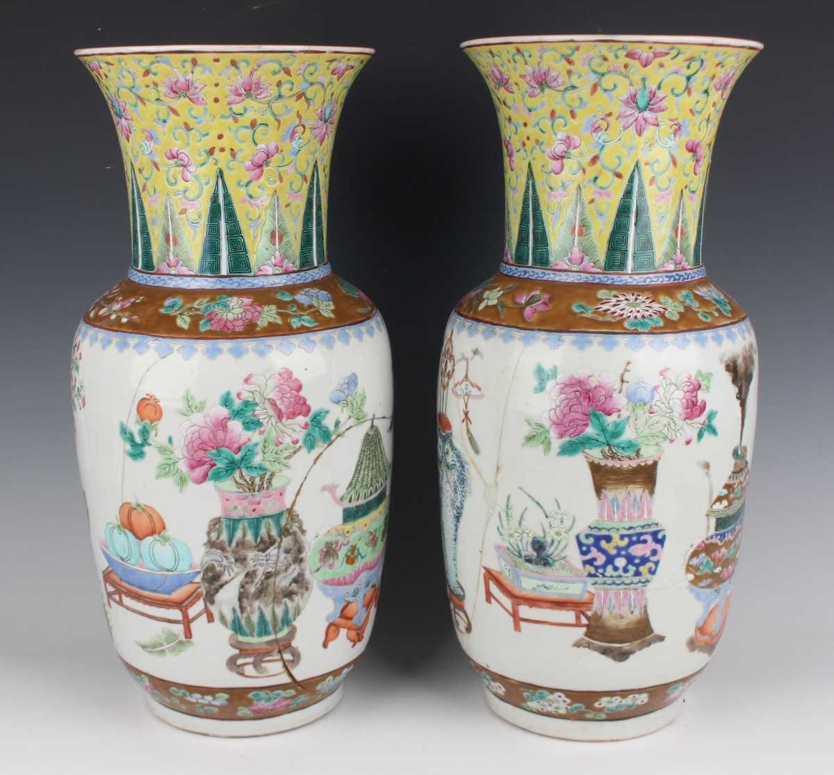 A pair of Chinese famille rose porcelain vases, late 19th century, each swollen cylindrical body