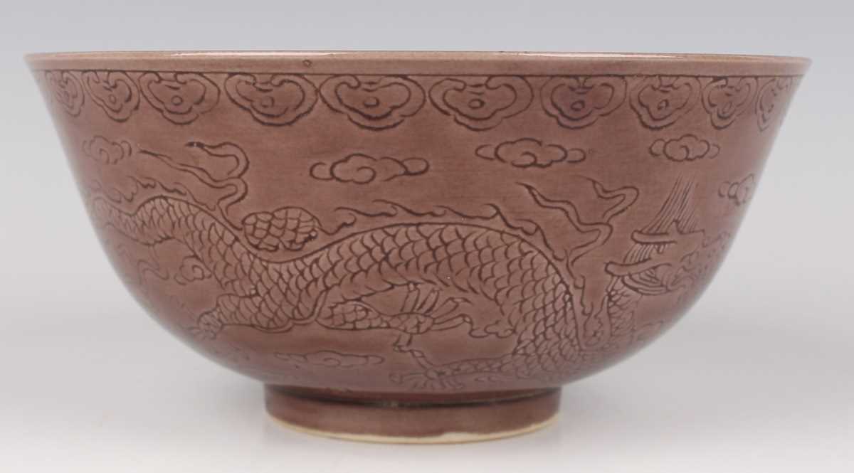 A Chinese aubergine glazed porcelain bowl, mark of Yongzheng but later, of steep-sided circular form - Image 7 of 9