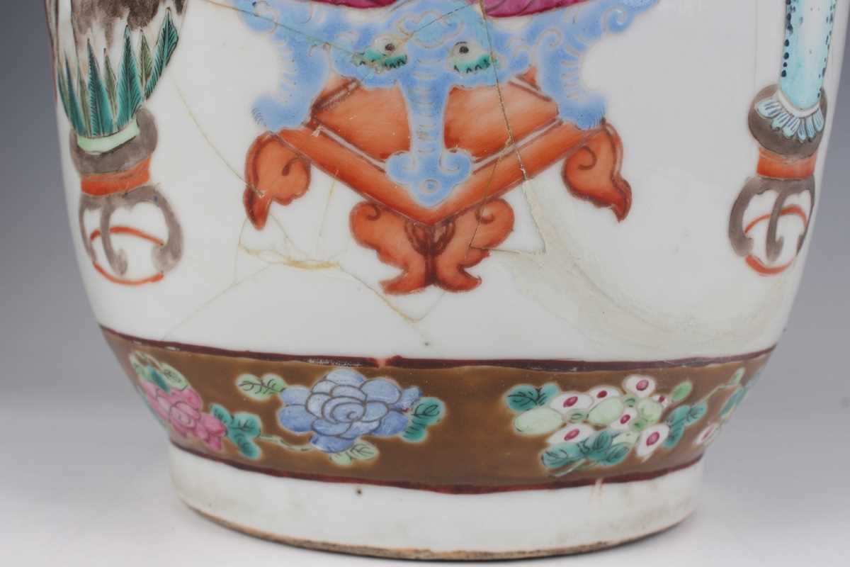 A pair of Chinese famille rose porcelain vases, late 19th century, each swollen cylindrical body - Image 33 of 39