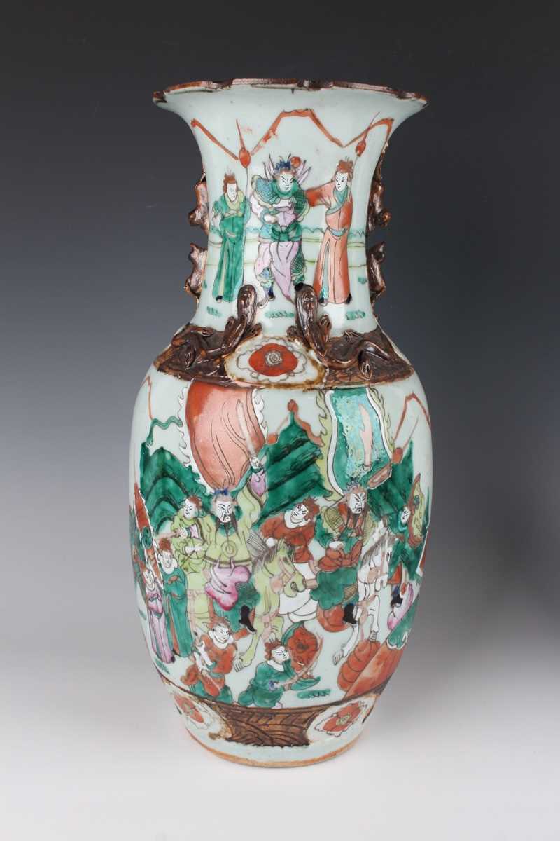 A pair of Chinese famille verte decorated porcelain vases, early 20th century, each ovoid body and - Image 2 of 18