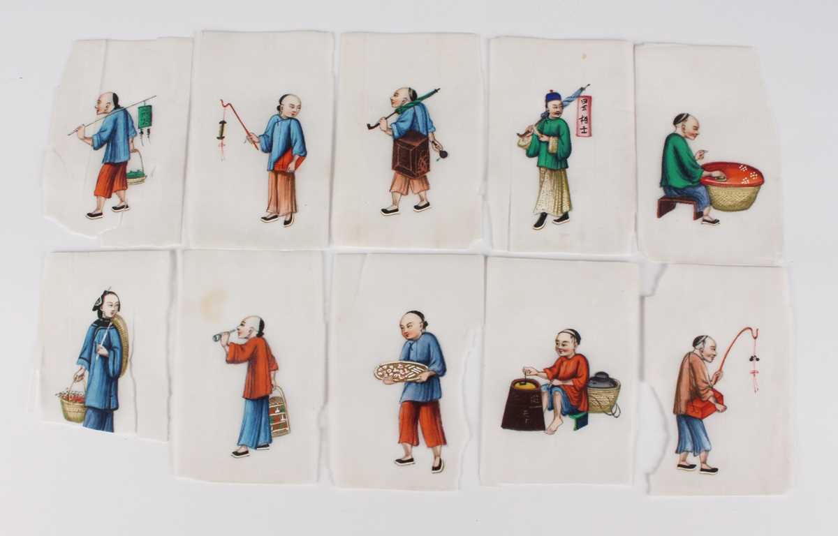 A set of ten Chinese Canton export watercolour paintings on rice paper, late 19th century, each