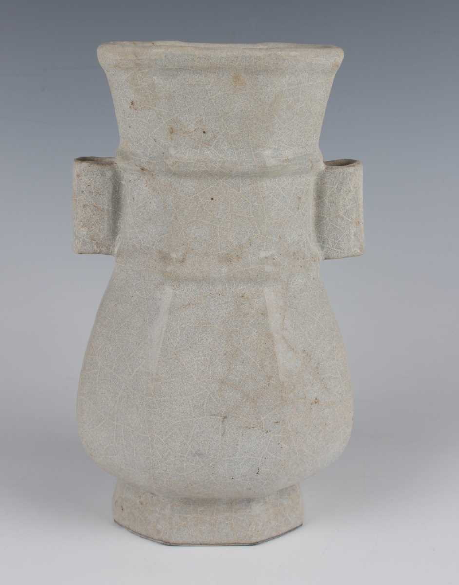 A Chinese Guan-type hu shaped vase, probably Qing dynasty, of octagonal baluster form with tubular