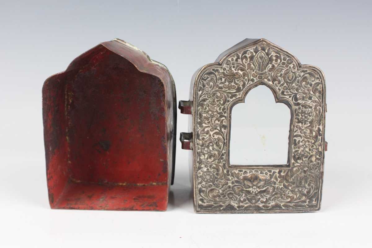 A Tibetan white metal mounted copper gau (portable shrine), late 19th century, the copper box of - Image 12 of 28