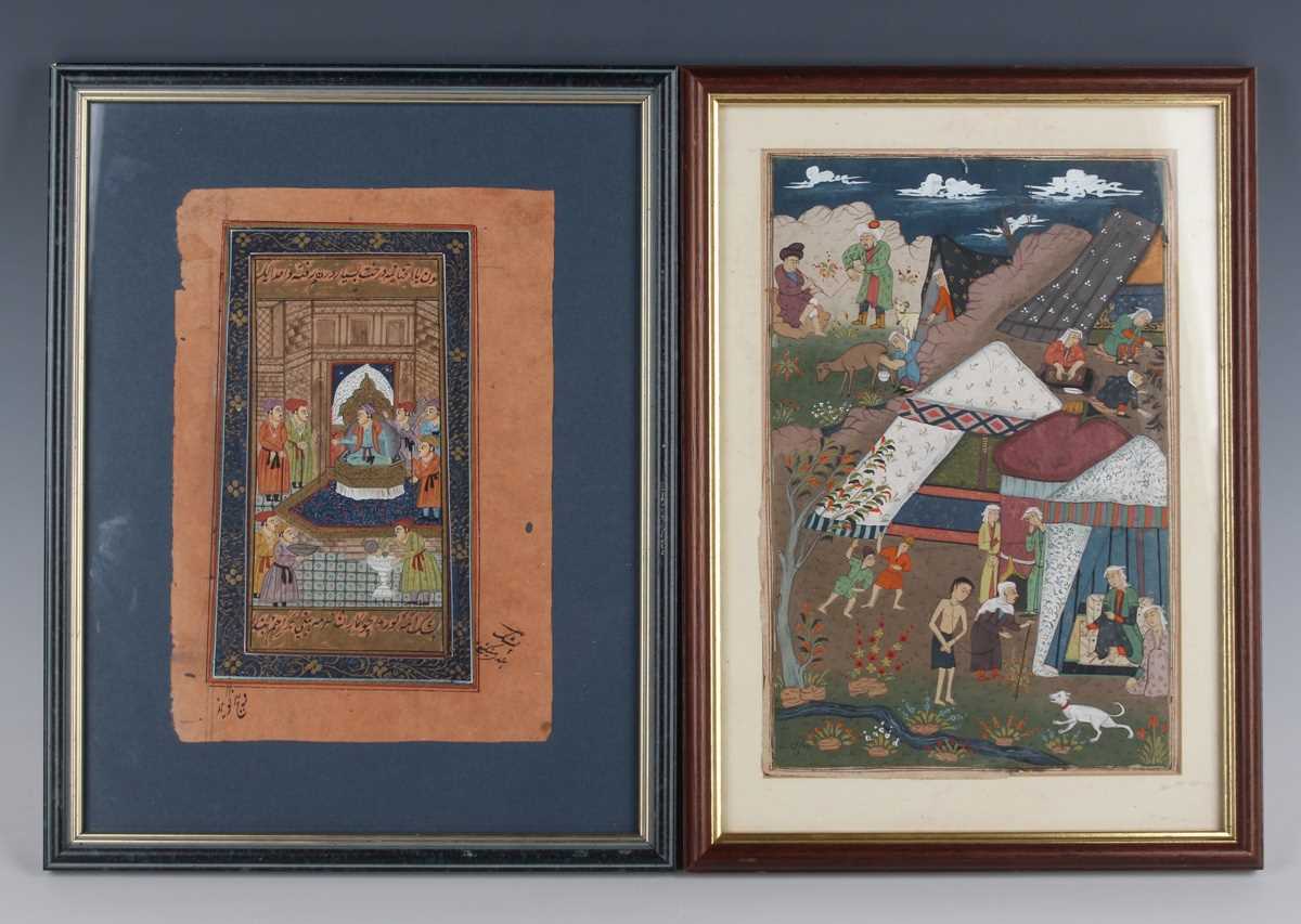 Two Persian manuscript leaves/pages, probably 19th century, each painted in watercolour and