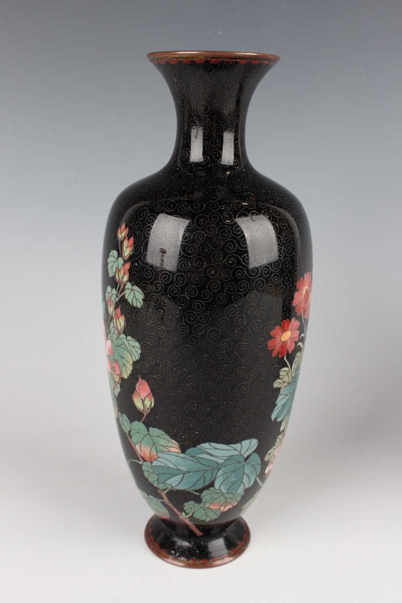 A pair of Japanese cloisonné vases, Meiji period, each elongated ovoid body decorated with flowering - Image 5 of 19