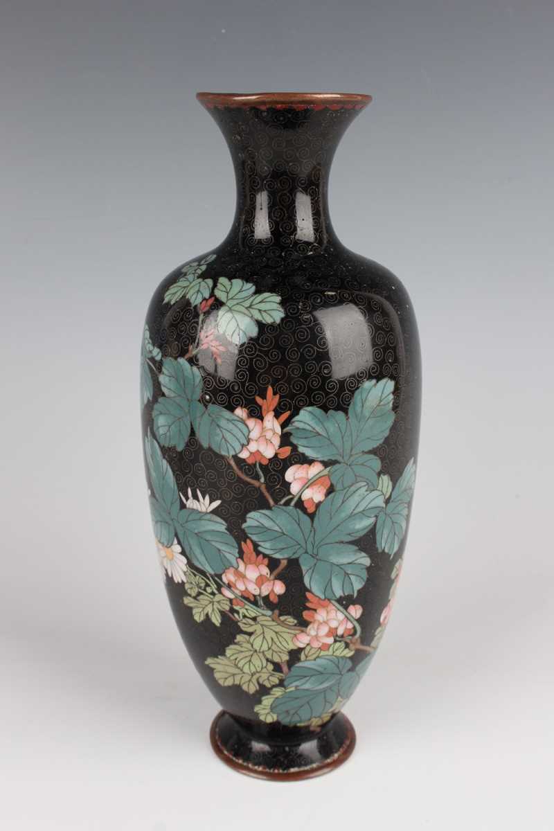 A pair of Japanese cloisonné vases, Meiji period, each elongated ovoid body decorated with flowering - Image 17 of 19