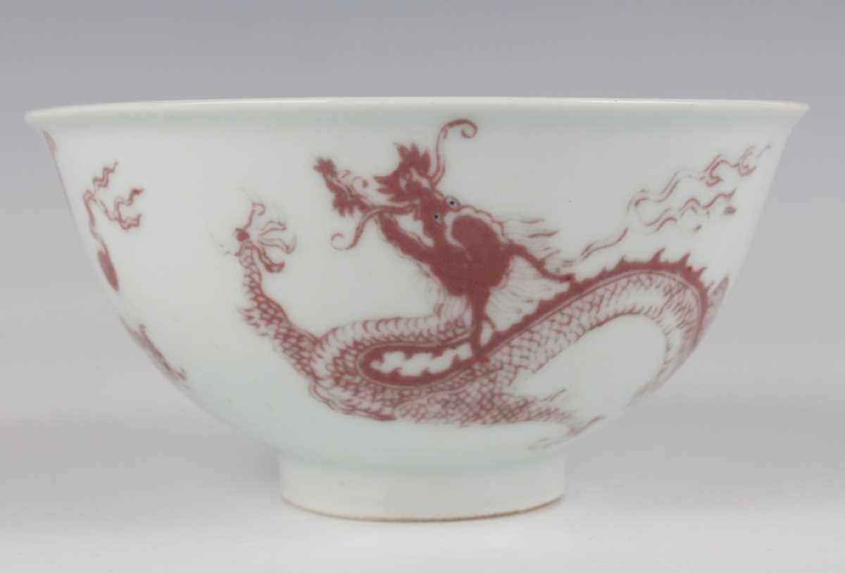 A Chinese underglaze red decorated porcelain bowl of steep-sided circular form, the exterior painted - Image 3 of 10