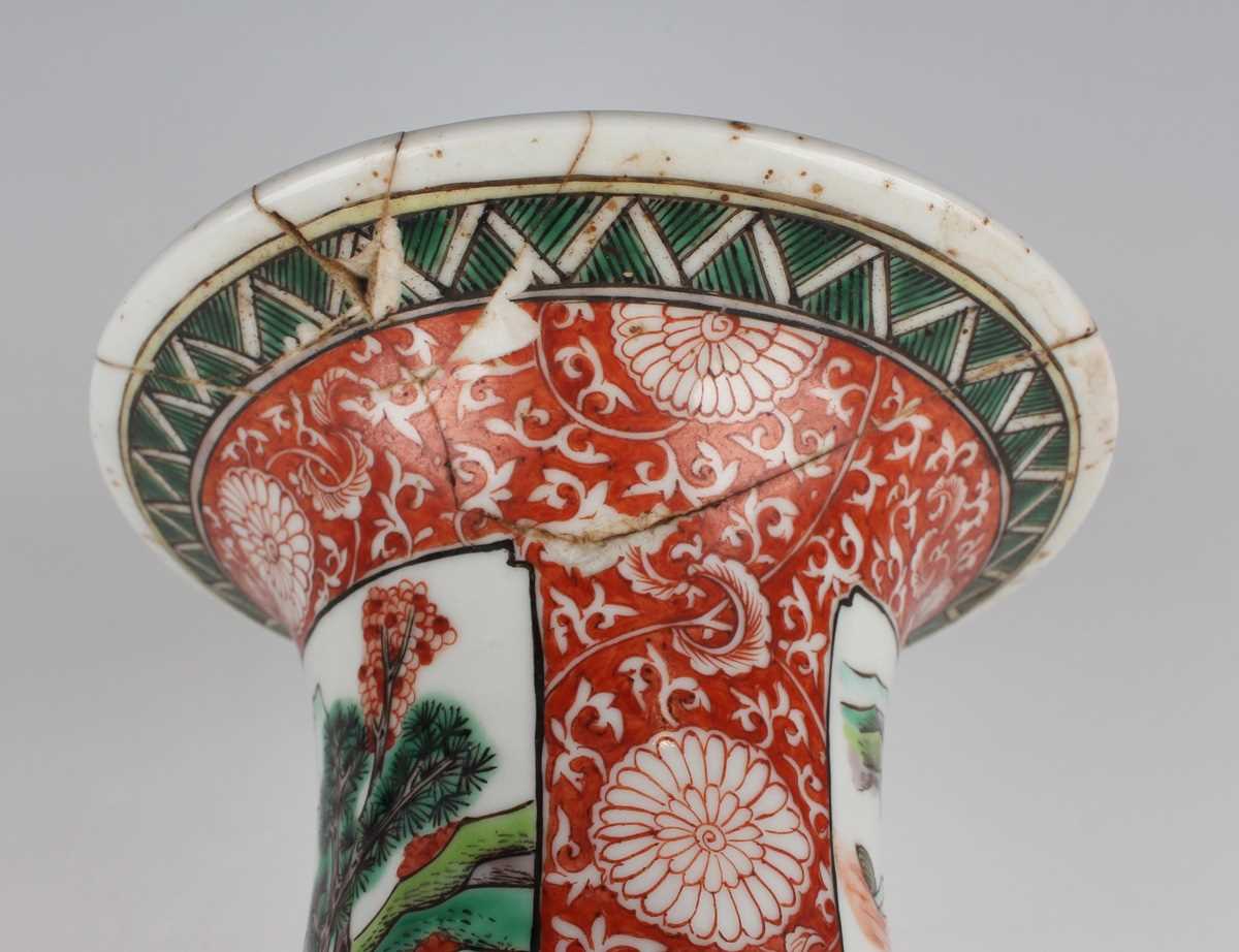 A Chinese famille verte porcelain vase, late Qing dynasty of shouldered tapering form with flared - Image 15 of 16