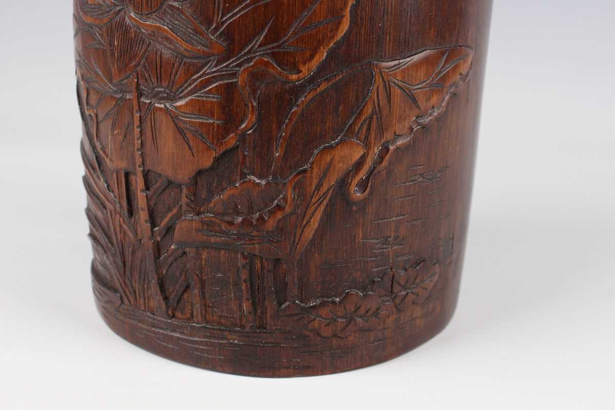 A Chinese bamboo brushpot, 20th century, the exterior carved in low relief with lotus opposing - Image 6 of 10