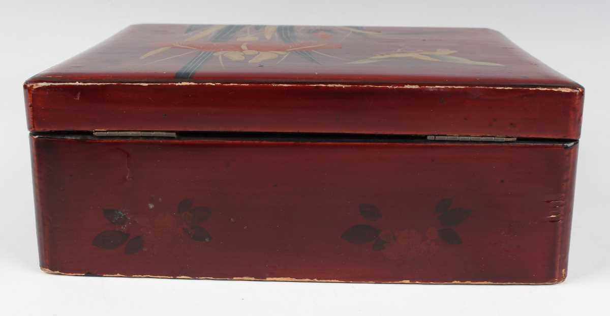 A Chinese red lacquer three-tier box with overhead handle, late 19th/early 20th century, decorated - Image 27 of 46