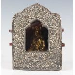 A Tibetan white metal mounted copper gau (portable shrine), late 19th century, the copper box of