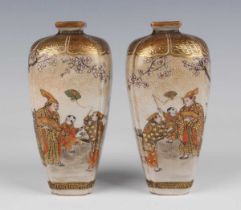 A pair of Japanese Satsuma earthenware vases by Kozan, Meiji period, each of rounded square tapering