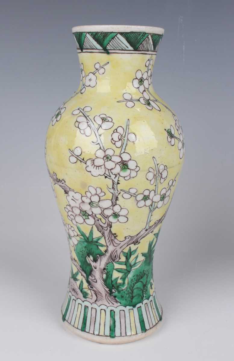 A pair of Chinese yellow ground porcelain vases, late Qing dynasty, of baluster form, decorated with - Image 3 of 33