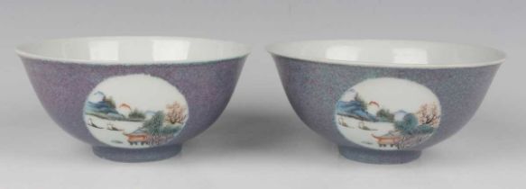 A pair of Chinese robin's egg ground 'medallion' porcelain bowls, mark of Qianlong but late Qing/