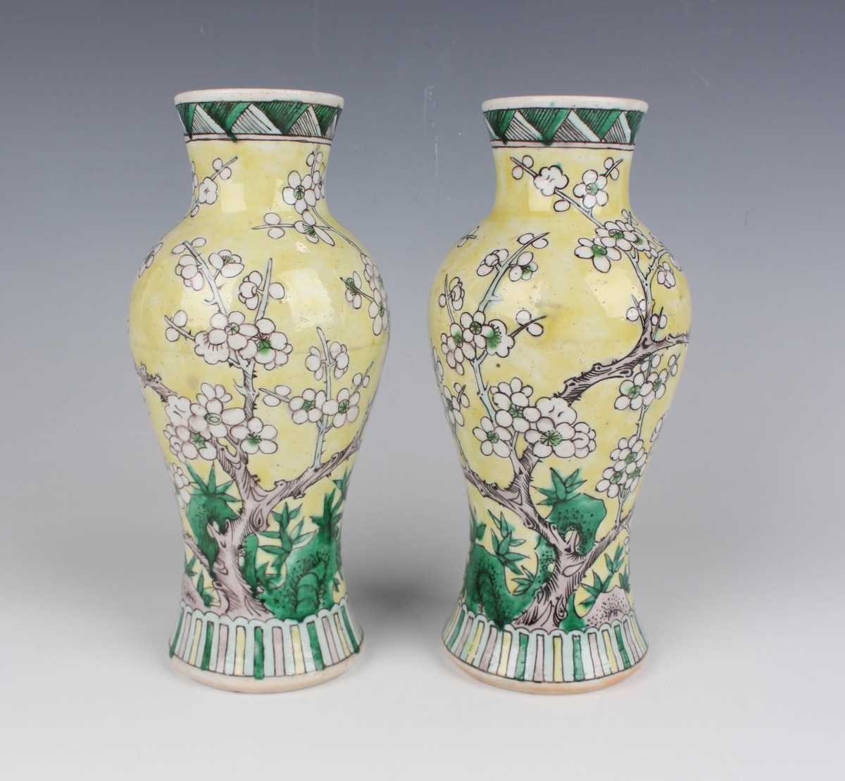 A pair of Chinese yellow ground porcelain vases, late Qing dynasty, of baluster form, decorated with - Image 2 of 33
