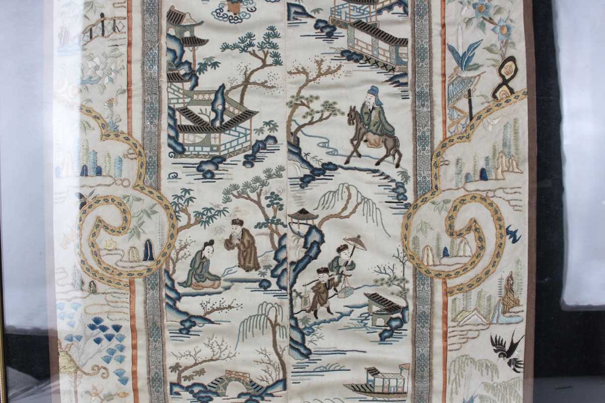 A Chinese embroidered cream silk sleeve panel, late Qing dynasty, each panel stitched together, - Image 5 of 19