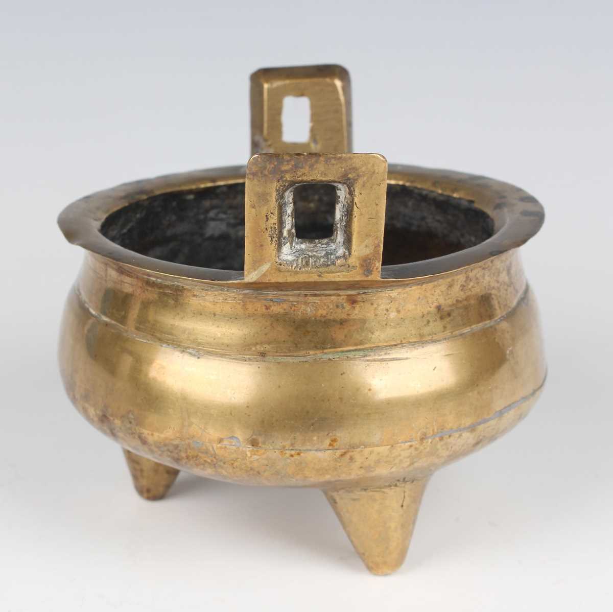 A Chinese brown patinated bronze tripod censer, Qing dynasty, of low-bellied circular form on - Image 8 of 14