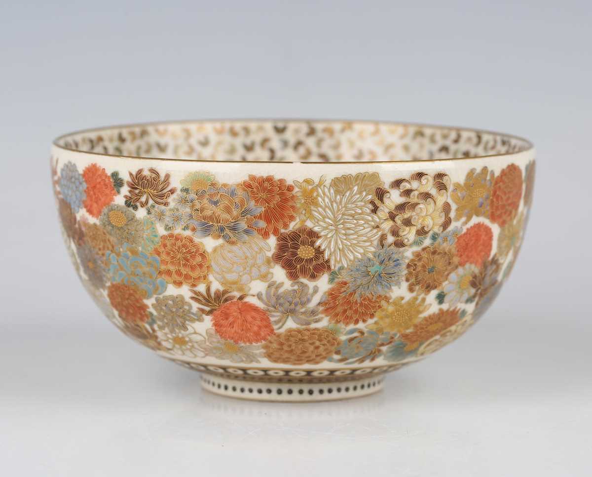 A Japanese Satsuma earthenware bowl by Yabu Meizan, Meiji period, of steep-sided circular form,