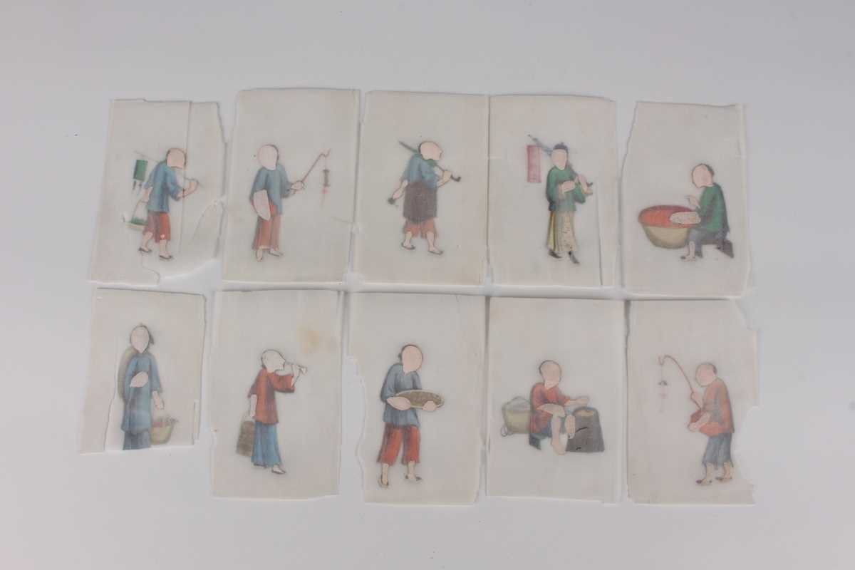A set of ten Chinese Canton export watercolour paintings on rice paper, late 19th century, each - Image 2 of 14