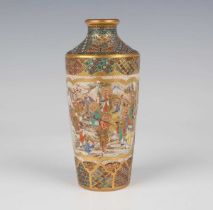 A Japanese Satsuma earthenware vase by Seikozan, Meiji period, of shouldered tapering cylindrical