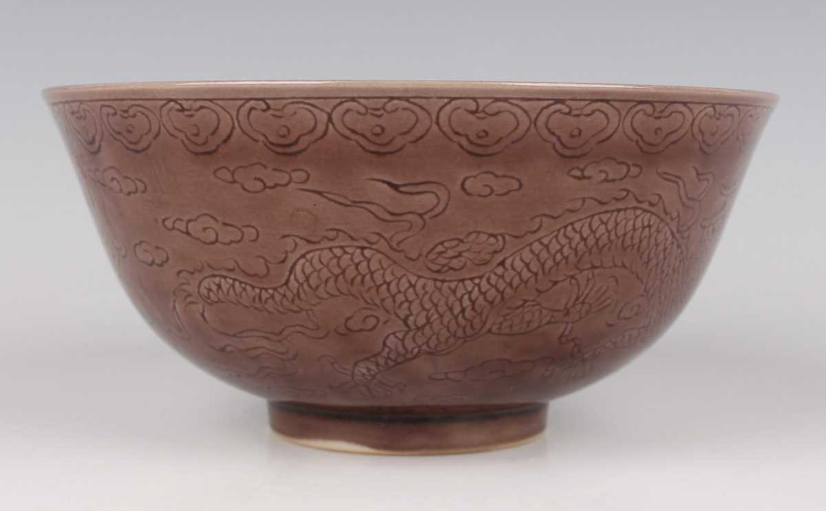 A Chinese aubergine glazed porcelain bowl, mark of Yongzheng but later, of steep-sided circular form - Image 4 of 9
