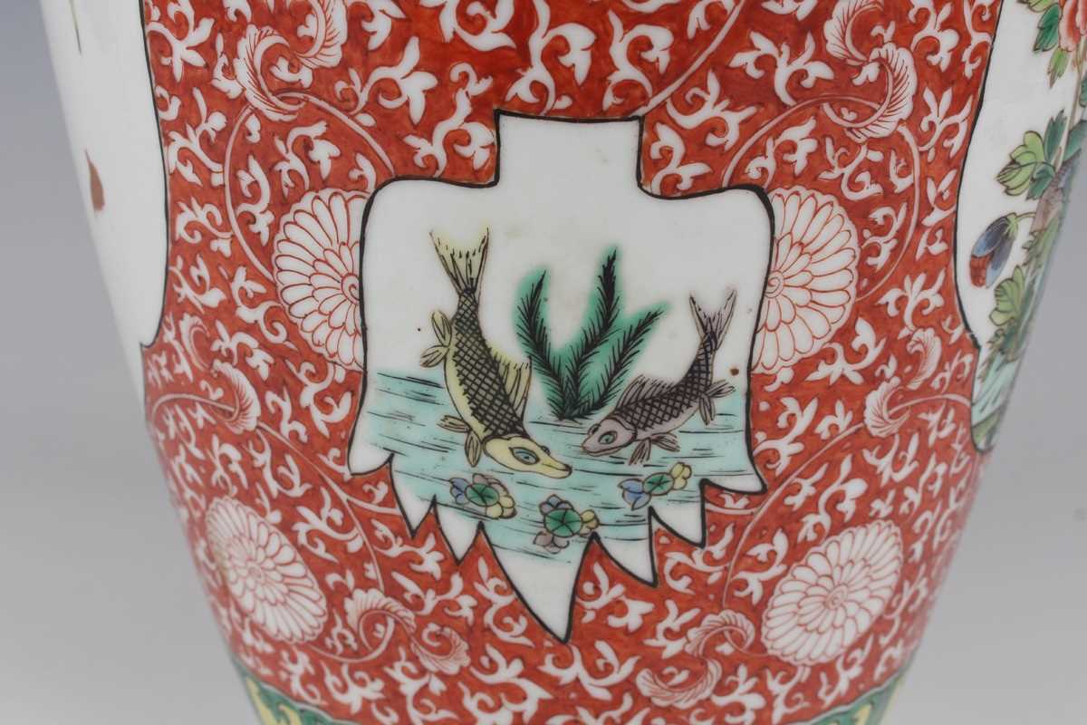 A Chinese famille verte porcelain vase, late Qing dynasty of shouldered tapering form with flared - Image 8 of 16