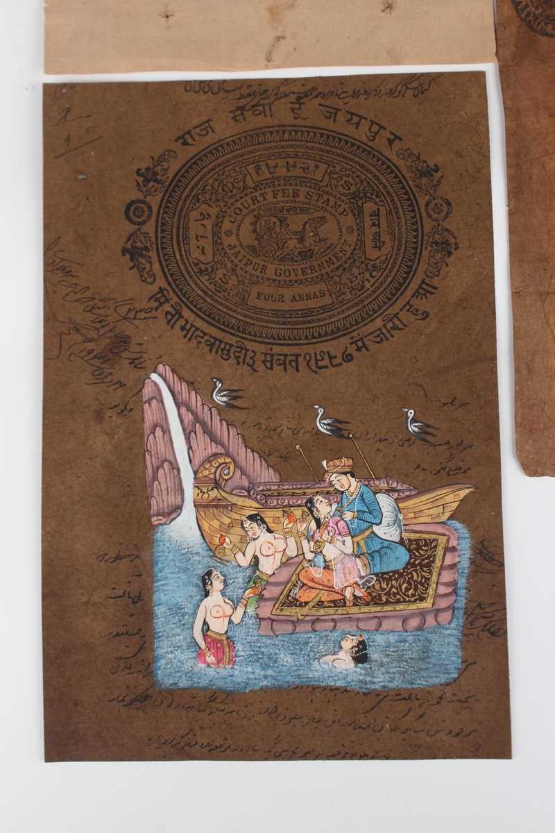 An Indian miniature watercolour and gouache painting on a Jaipur Government one rupee revenue - Image 11 of 40