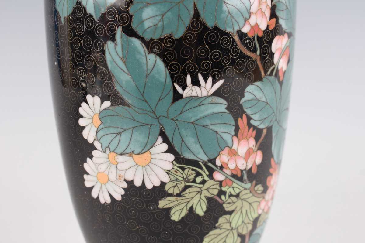 A pair of Japanese cloisonné vases, Meiji period, each elongated ovoid body decorated with flowering - Image 19 of 19