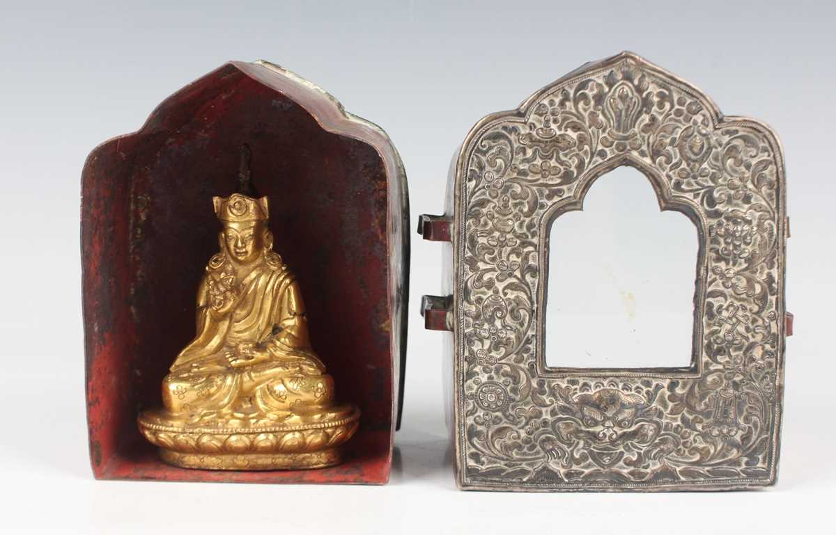 A Tibetan white metal mounted copper gau (portable shrine), late 19th century, the copper box of - Image 2 of 28