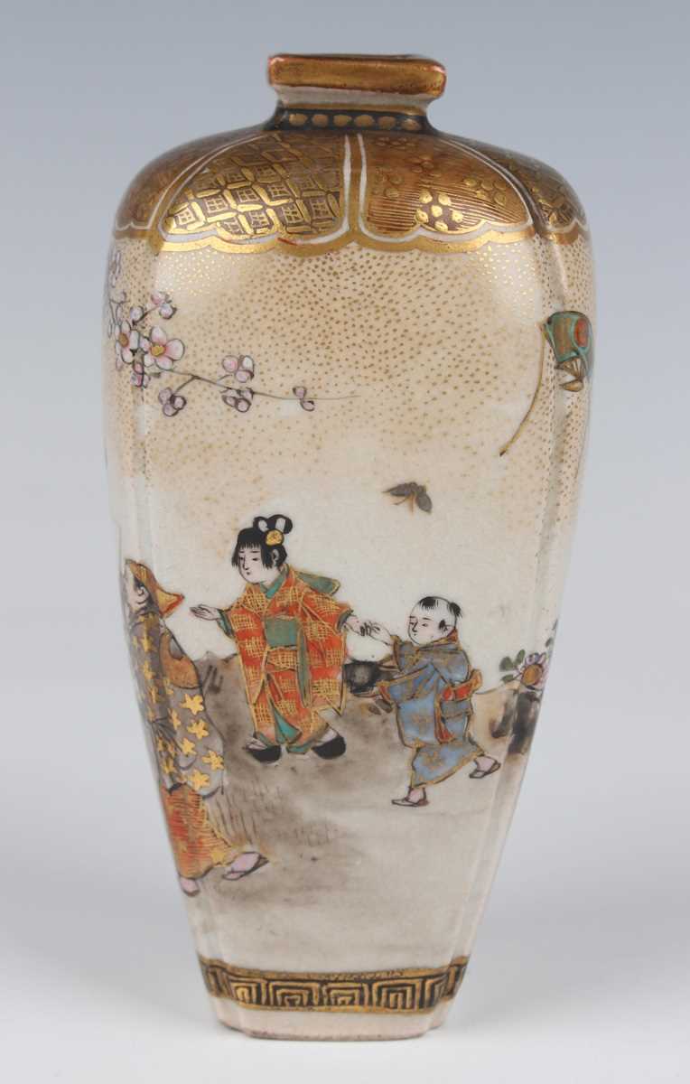 A pair of Japanese Satsuma earthenware vases by Kozan, Meiji period, each of rounded square tapering - Image 3 of 23