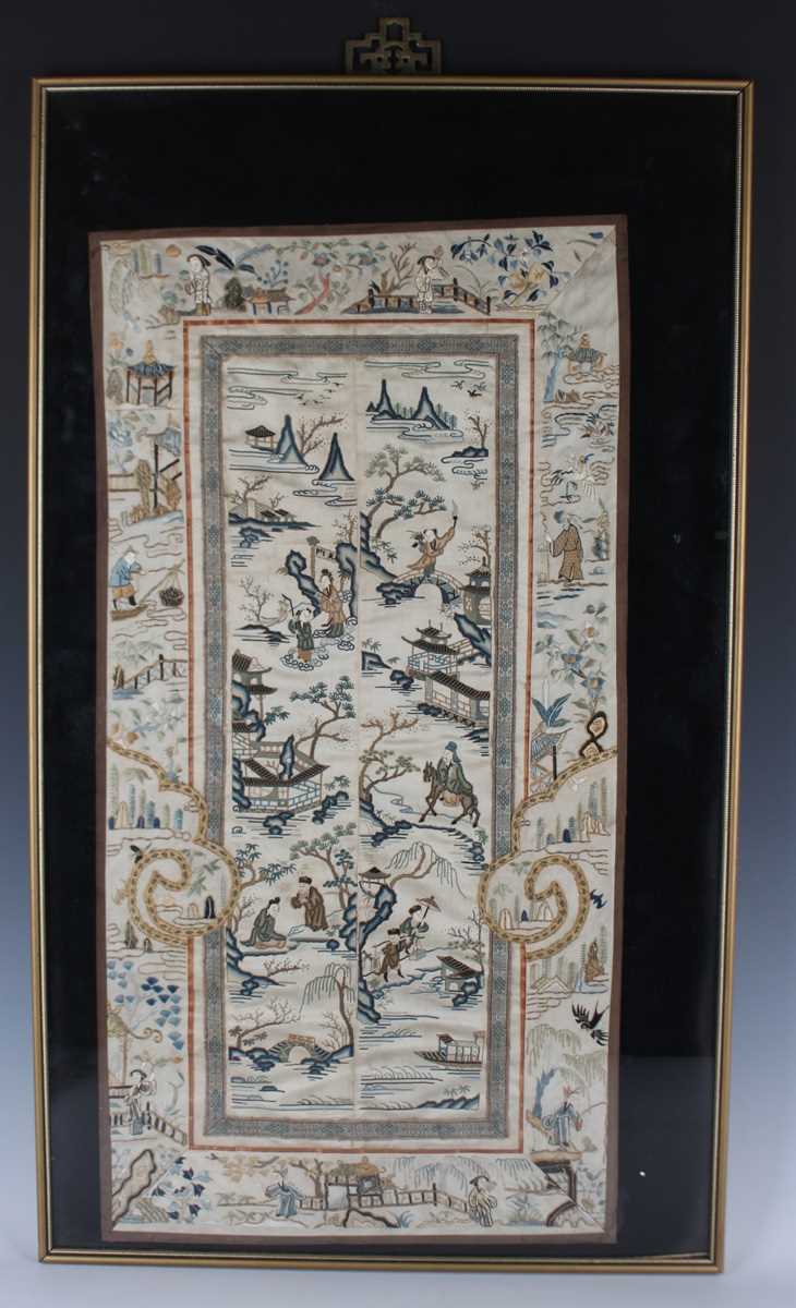 A Chinese embroidered cream silk sleeve panel, late Qing dynasty, each panel stitched together, - Image 19 of 19