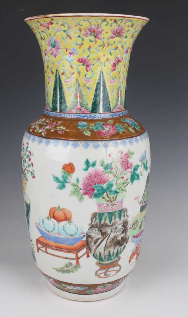 A pair of Chinese famille rose porcelain vases, late 19th century, each swollen cylindrical body - Image 23 of 39