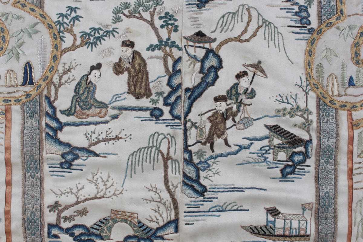 A Chinese embroidered cream silk sleeve panel, late Qing dynasty, each panel stitched together, - Image 11 of 19