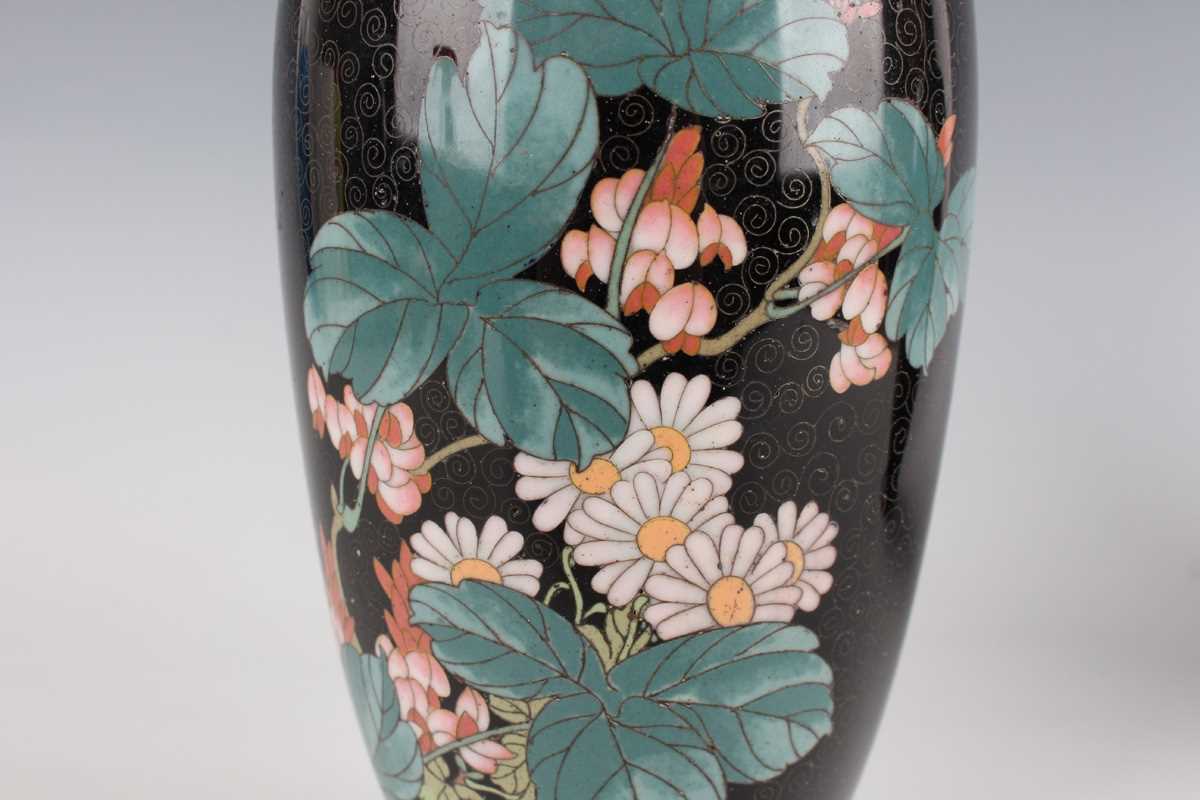 A pair of Japanese cloisonné vases, Meiji period, each elongated ovoid body decorated with flowering - Image 10 of 19