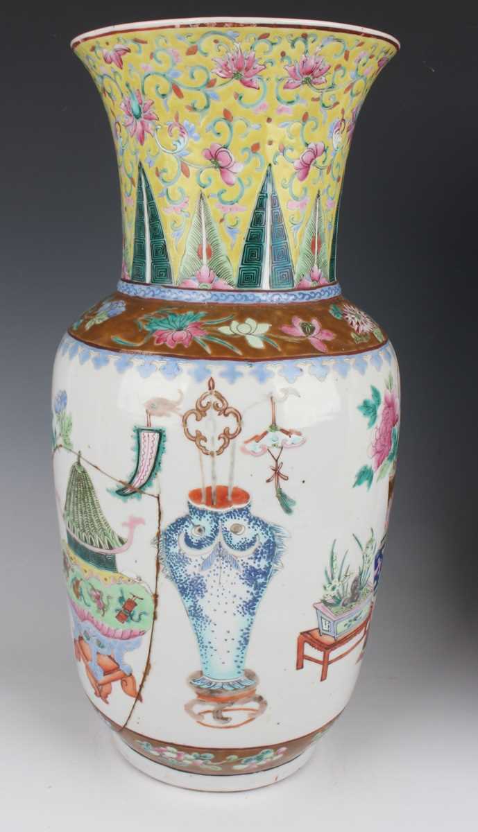 A pair of Chinese famille rose porcelain vases, late 19th century, each swollen cylindrical body - Image 4 of 39