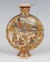 A Japanese Satsuma earthenware moonflask by Hattori, Meiji period, each side painted and gilt with