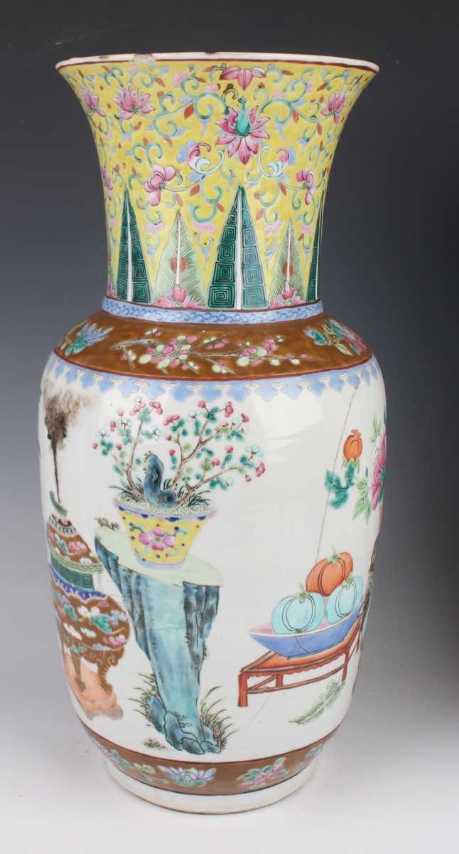 A pair of Chinese famille rose porcelain vases, late 19th century, each swollen cylindrical body - Image 7 of 39