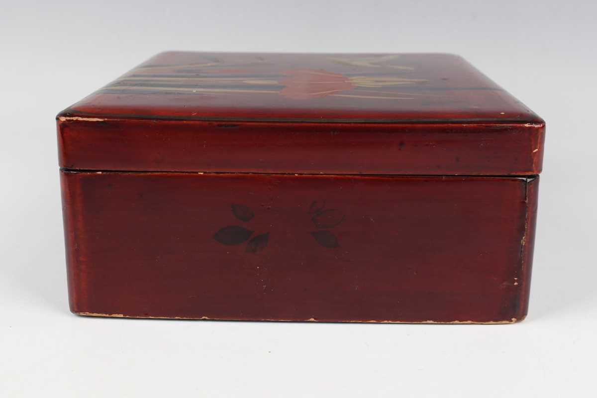 A Chinese red lacquer three-tier box with overhead handle, late 19th/early 20th century, decorated - Image 28 of 46