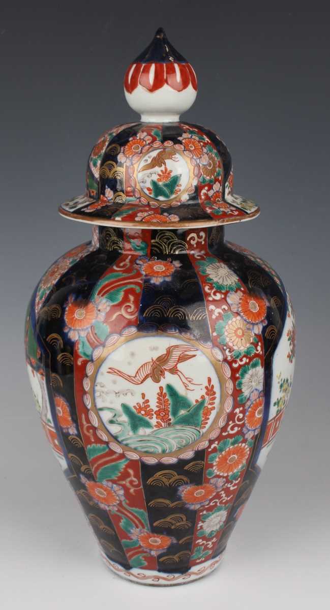 A pair of Japanese Imari porcelain vases and covers, Meiji period, each ovoid body and domed cover - Image 14 of 20